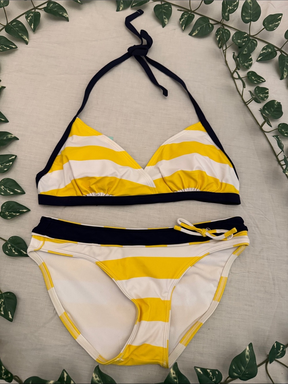Striped Yellow & White Halter Bikini Set with Navy Trim